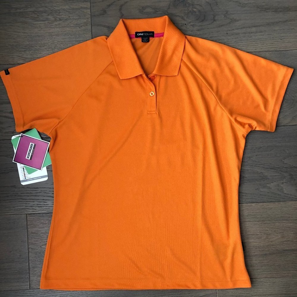 ONTOUR 300 Series WEB Tech SS 2 Button Polyester Polo Golf Shirt Orange Sz M NWT